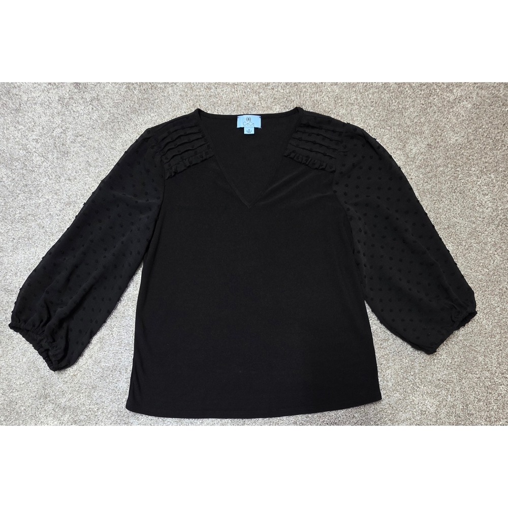 CeCe Black Swiss Dot Sleeve V-Neck Ruffle Shoulder Blouse Top Womens Medium
391